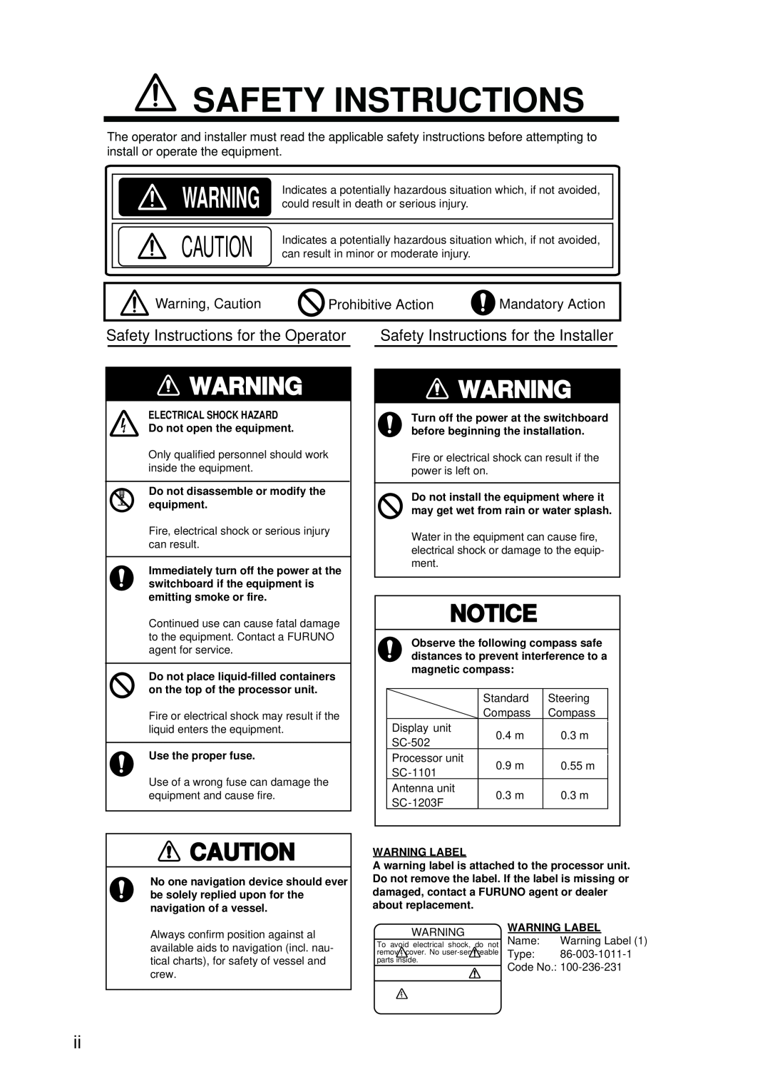 Furuno SC-110 manual Safety Instructions for the Operator, Safety Instructions for the Installer, Warning, Caution 