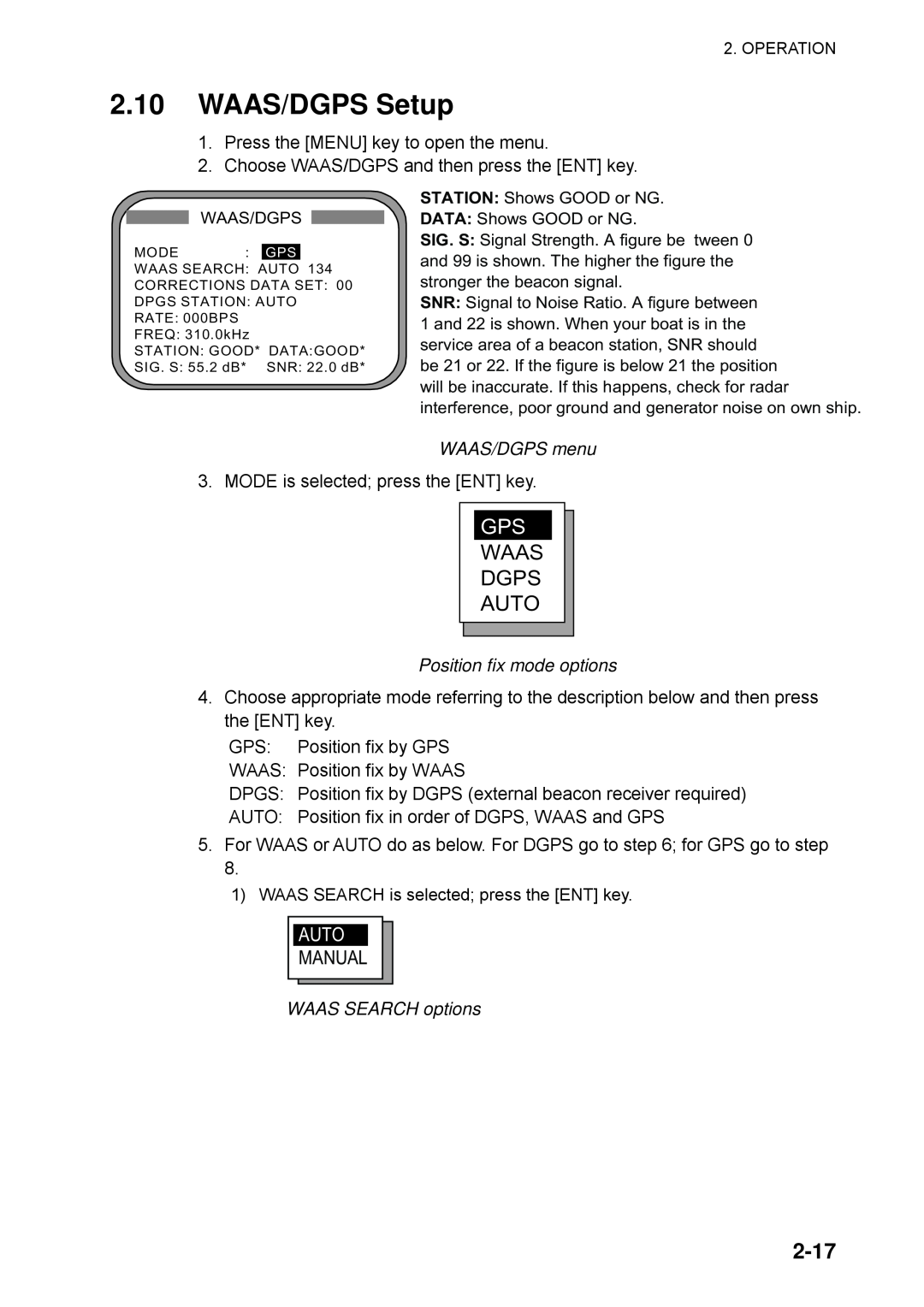 Furuno SC-110 manual 2.10WAAS/DGPS Setup, 2-17, Waas Dgps Auto, Manual, WAAS/DGPS menu, Position fix mode options 
