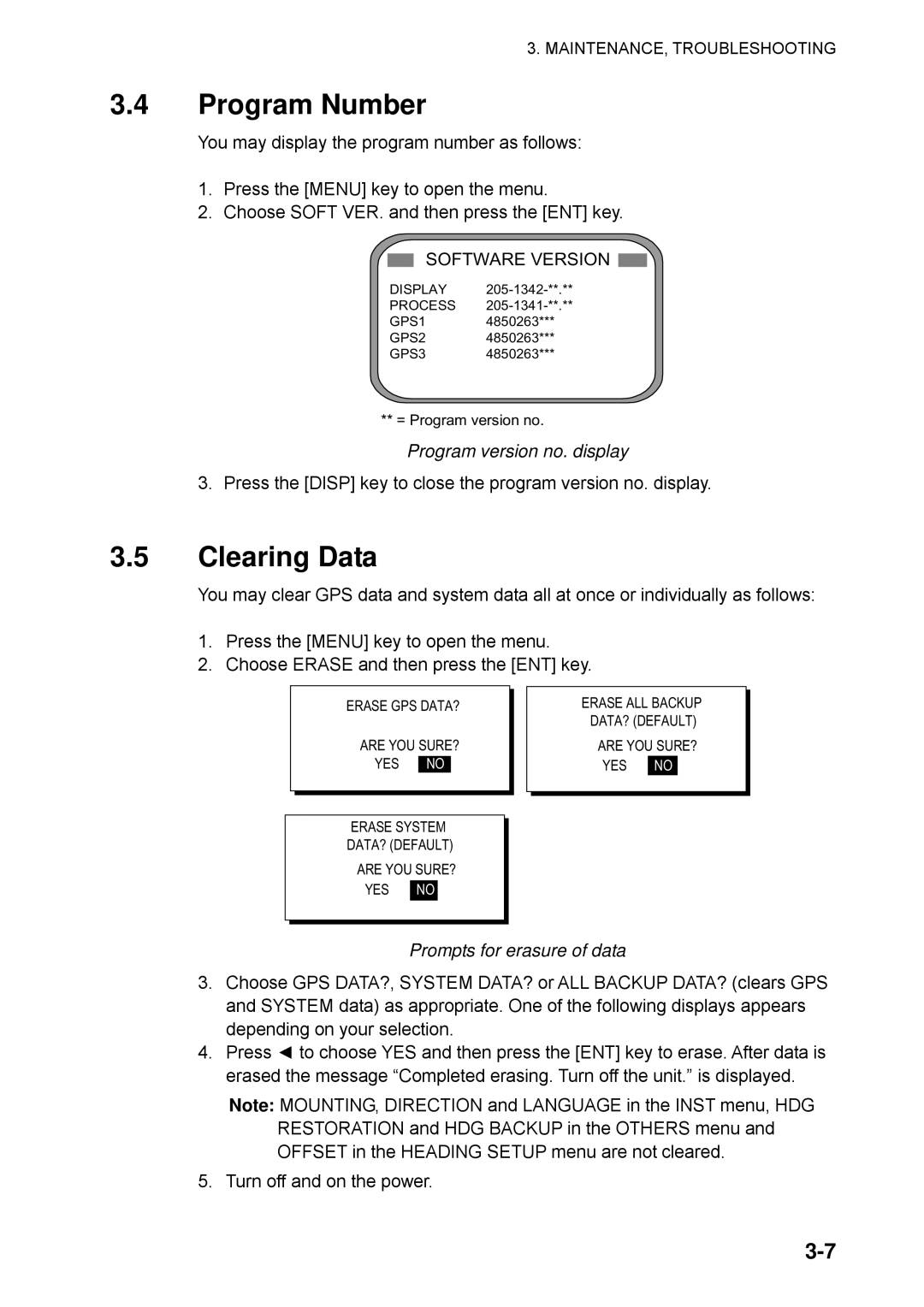 Furuno SC-110 manual 3.4Program Number, 3.5Clearing Data, Program version no. display, Prompts for erasure of data 