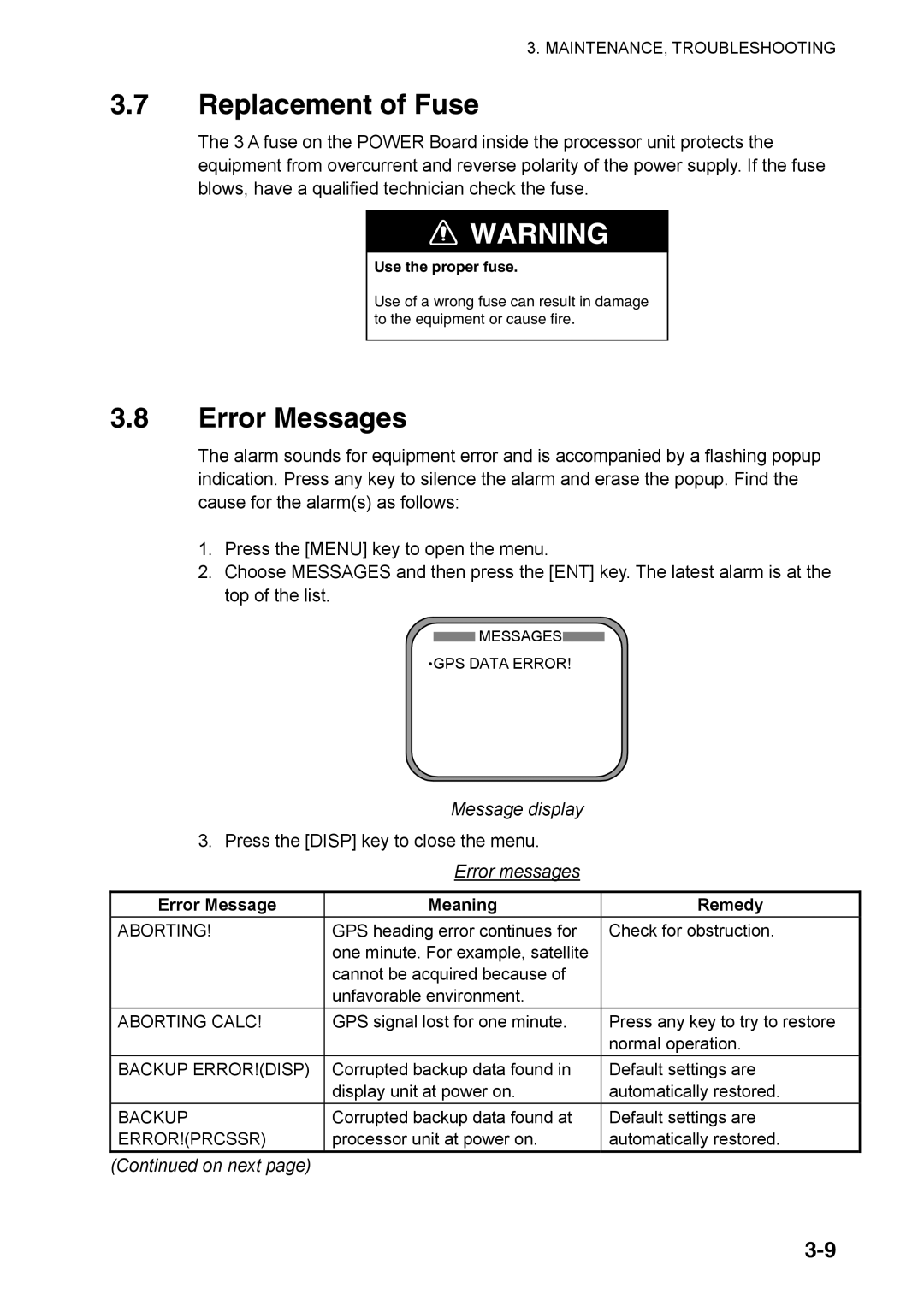 Furuno SC-110 manual 3.7Replacement of Fuse, 3.8Error Messages, Message display, Meaning, Continued on next page, Remedy 