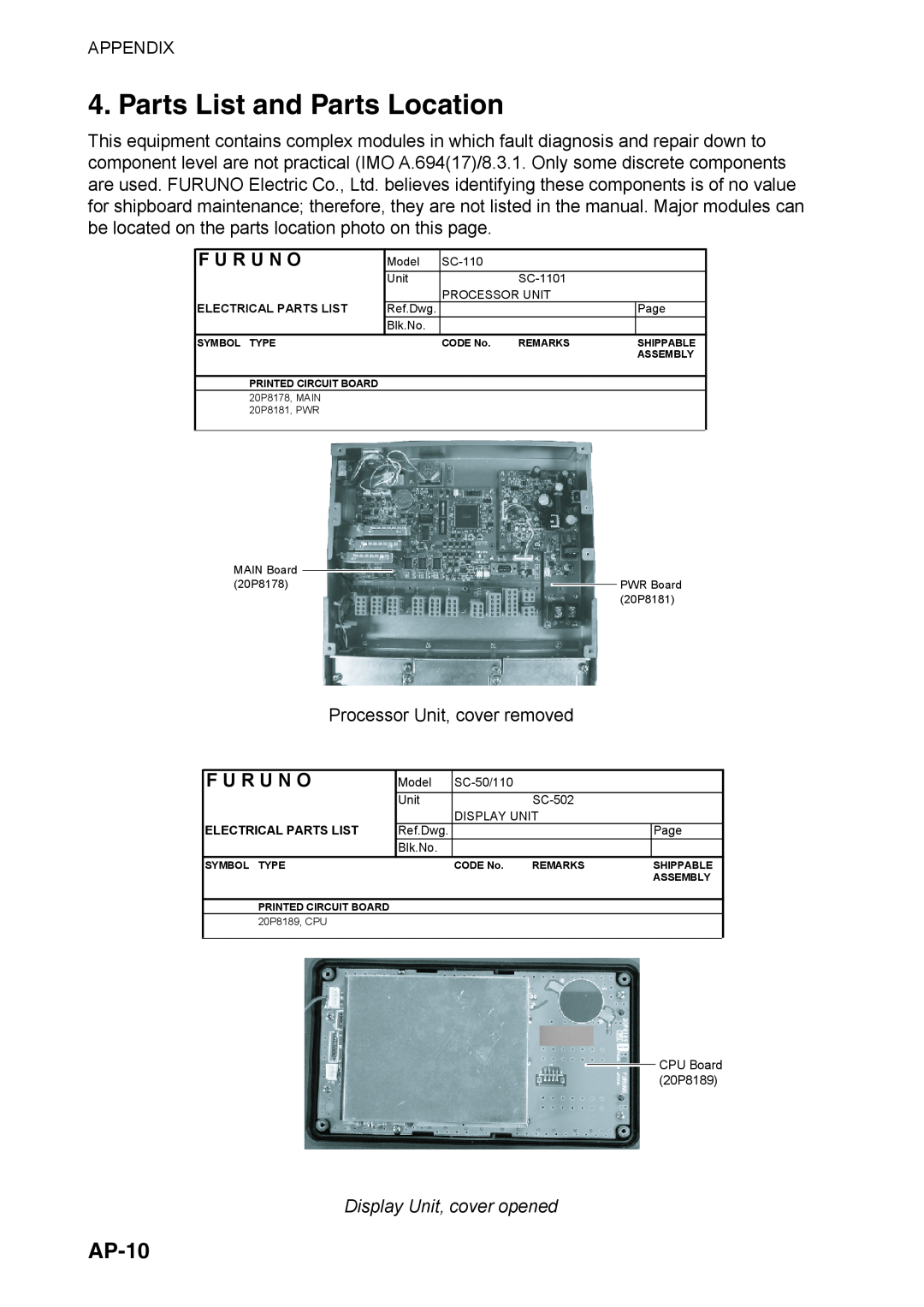 Furuno SC-110 manual Parts List and Parts Location, AP-10, F U R U N O, Display Unit, cover opened 