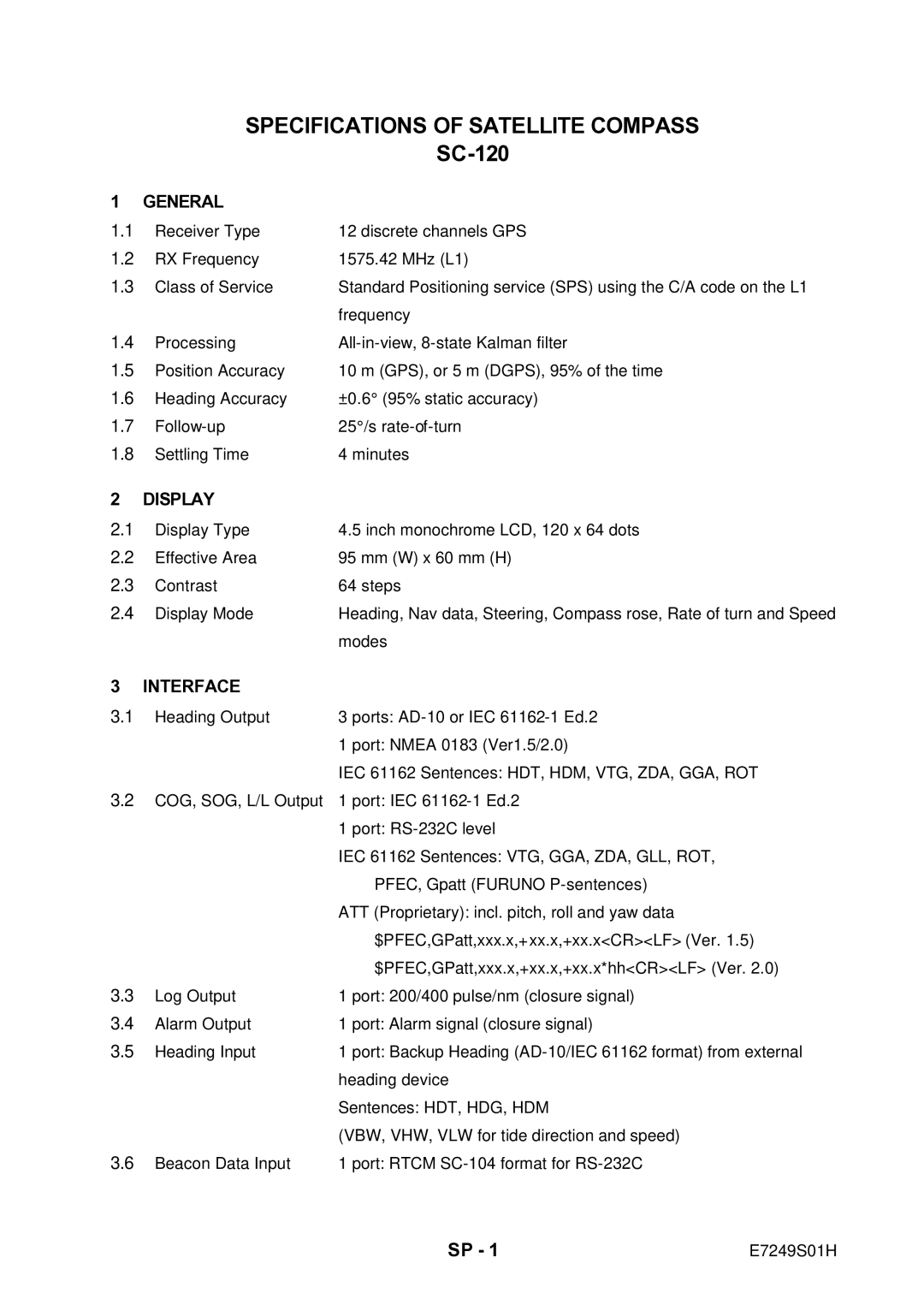 Furuno SC-120 manual Specifications of Satellite Compass 