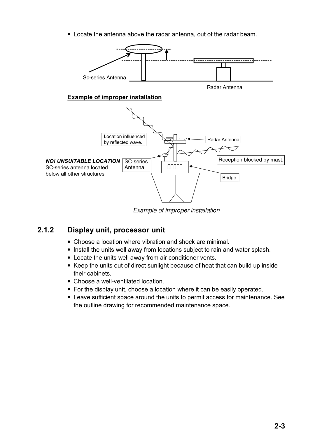 Furuno SC-120 manual Display unit, processor unit, Example of improper installation 