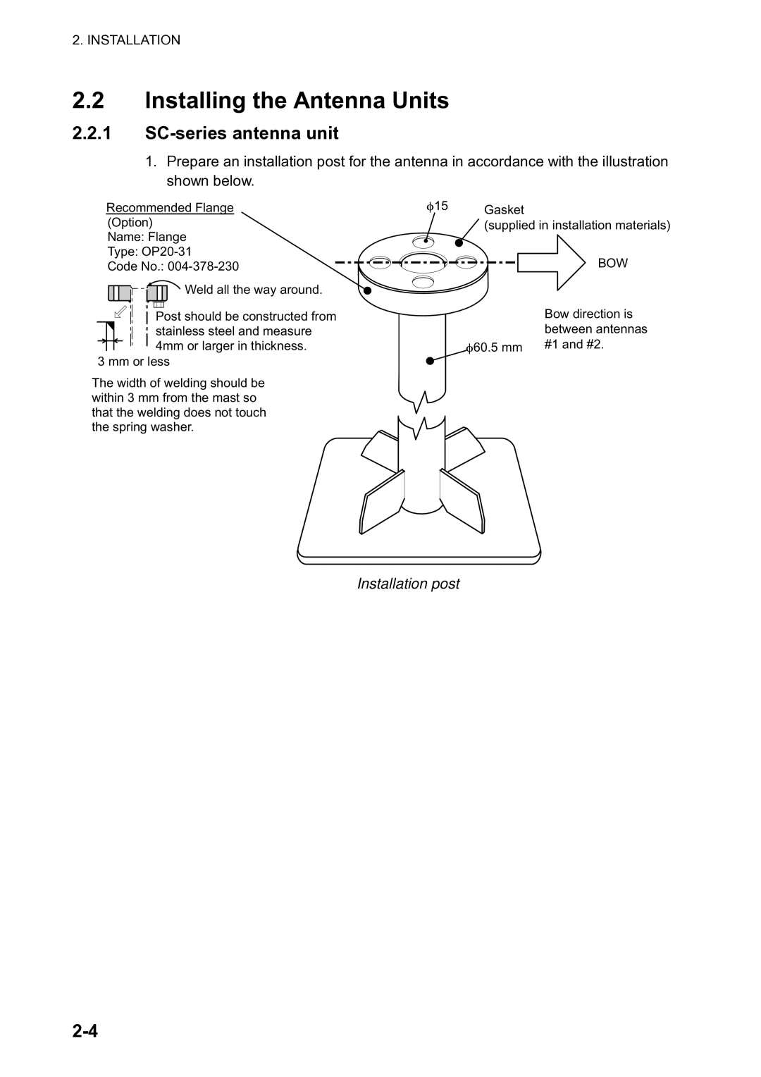 Furuno SC-120 manual Installing the Antenna Units, Installation post 