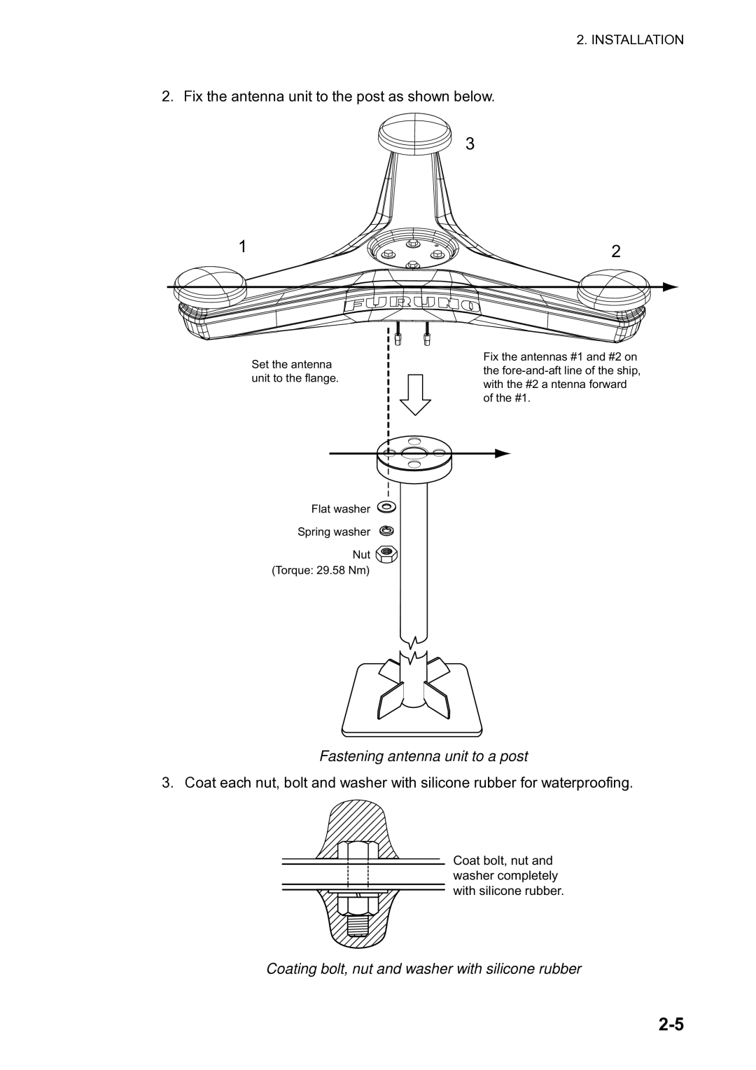 Furuno SC-120 manual Fastening antenna unit to a post, Coating bolt, nut and washer with silicone rubber 