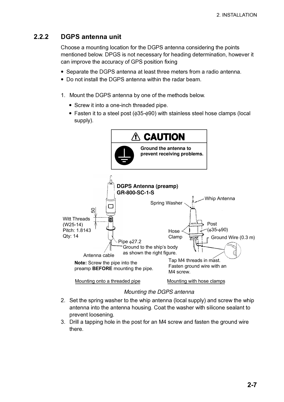 Furuno SC-120 manual Dgps antenna unit, Mounting the Dgps antenna 