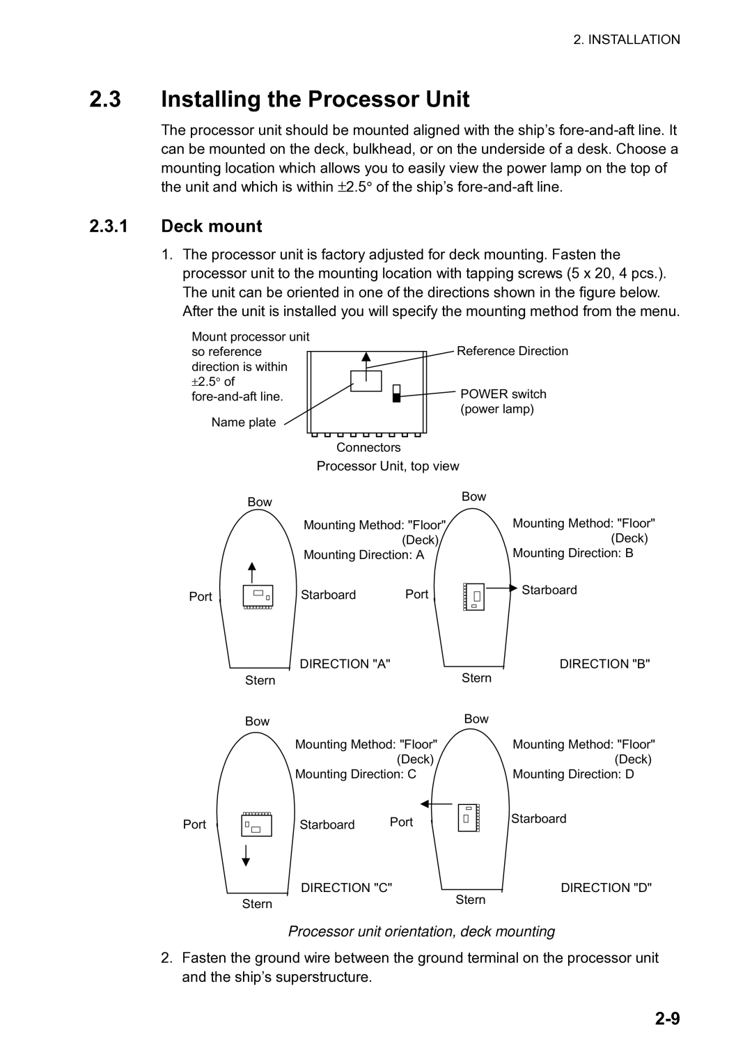 Furuno SC-120 manual Installing the Processor Unit, Deck mount, Processor unit orientation, deck mounting 