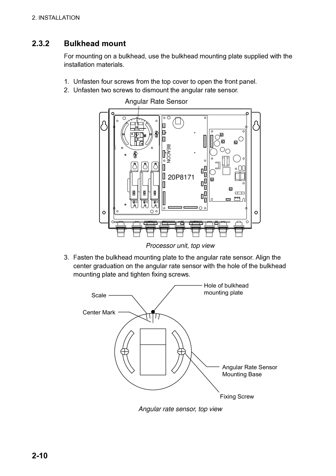 Furuno SC-120 manual Bulkhead mount, Processor unit, top view, Angular rate sensor, top view 