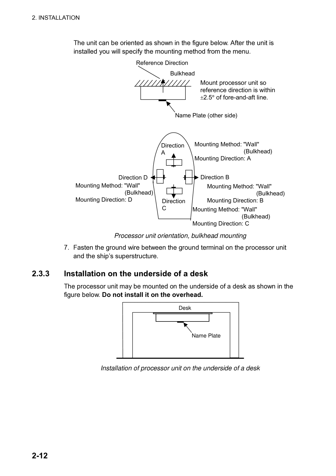 Furuno SC-120 manual Installation on the underside of a desk, Processor unit orientation, bulkhead mounting 
