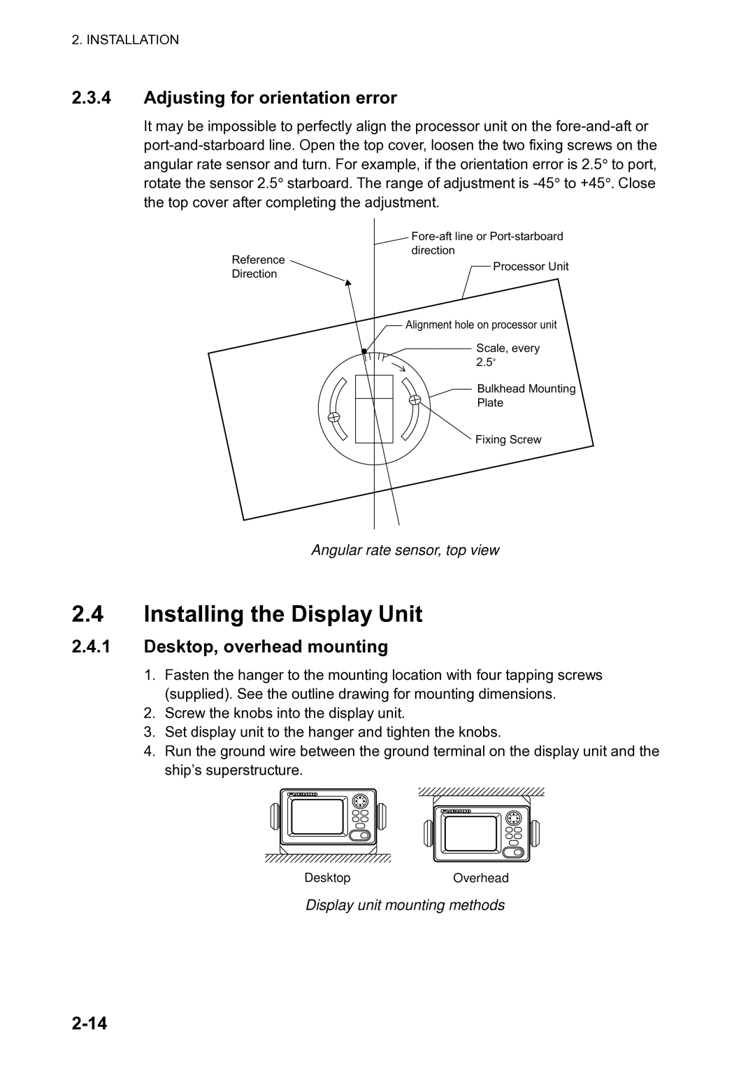 Furuno SC-120 manual Installing the Display Unit, Adjusting for orientation error, Desktop, overhead mounting 