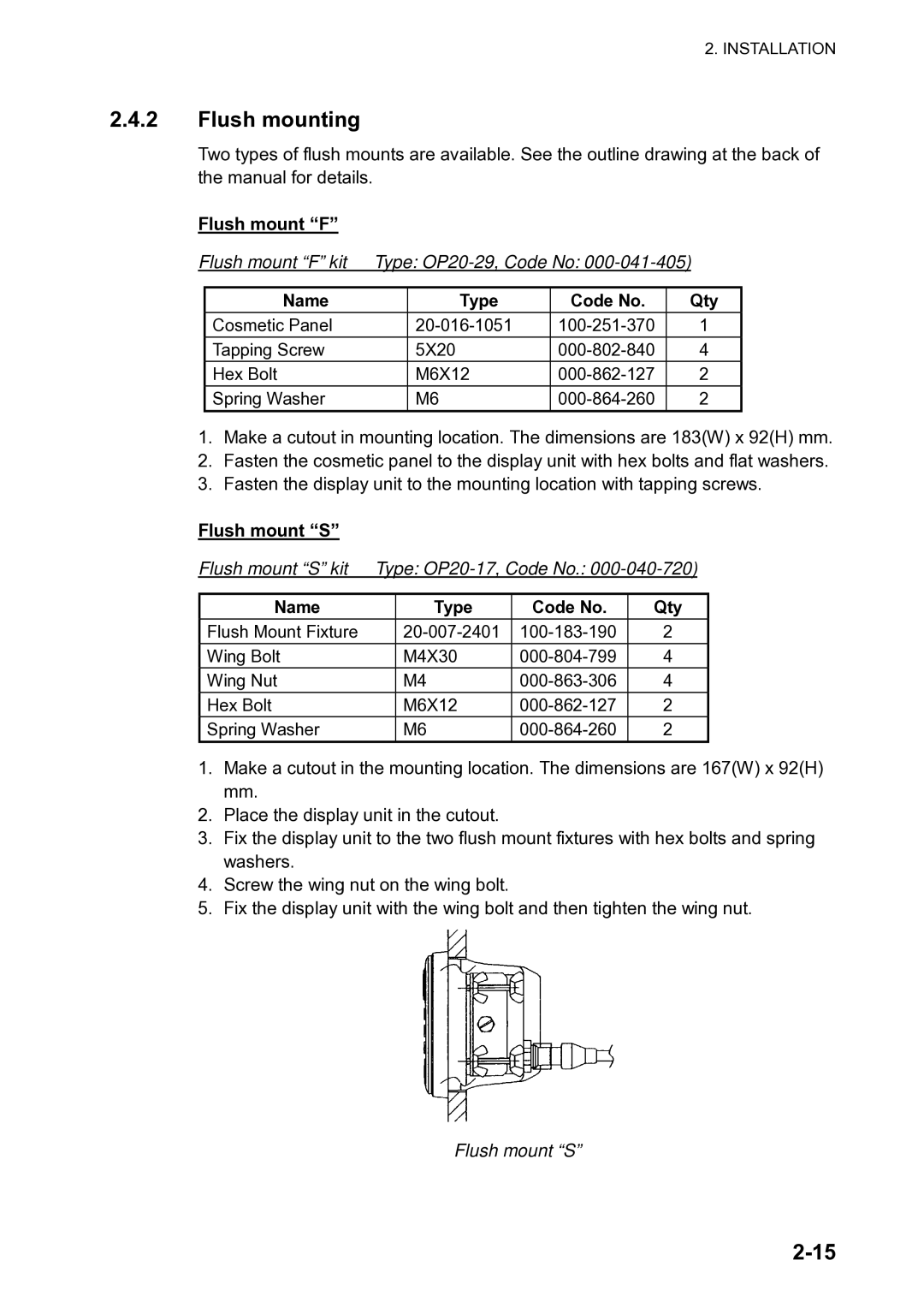 Furuno SC-120 manual Flush mounting, Flush mount F, Name Type, Flush mount S 