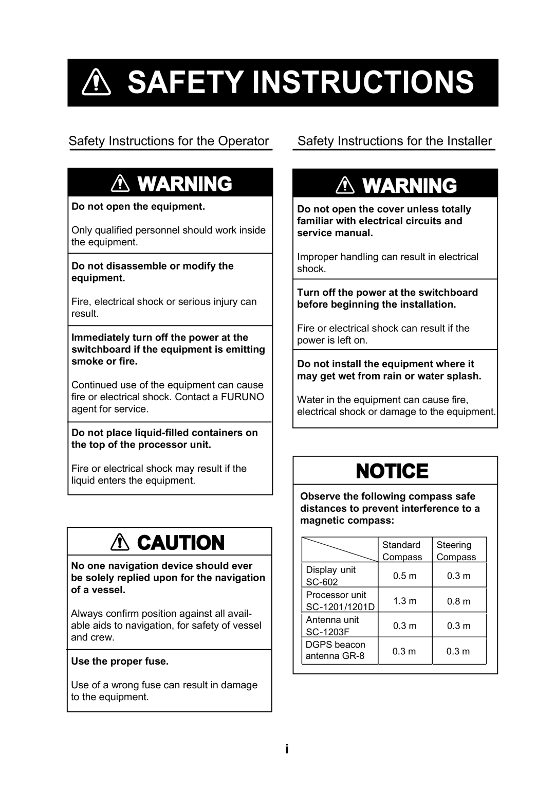 Furuno SC-120 manual Safety Instructions 