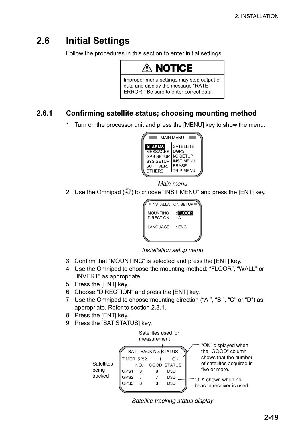 Furuno SC-120 Initial Settings, Confirming satellite status choosing mounting method, Main menu, Installation setup menu 