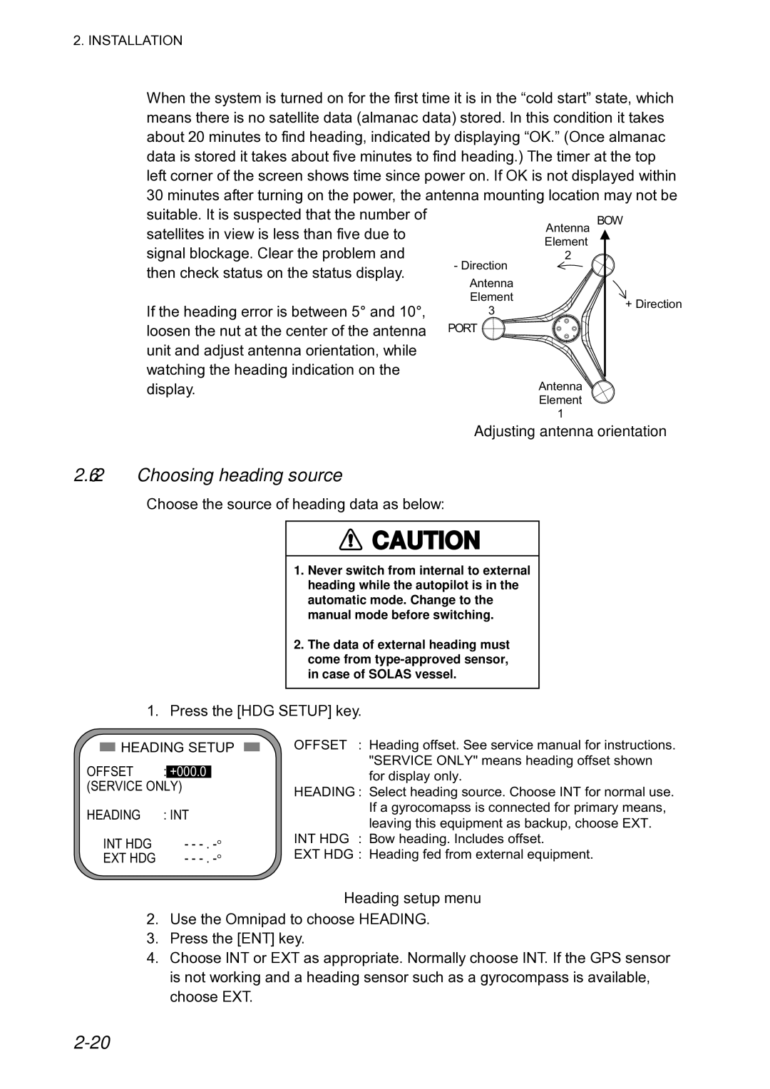 Furuno SC-120 manual Choosing heading source, Adjusting antenna orientation, Heading setup menu 