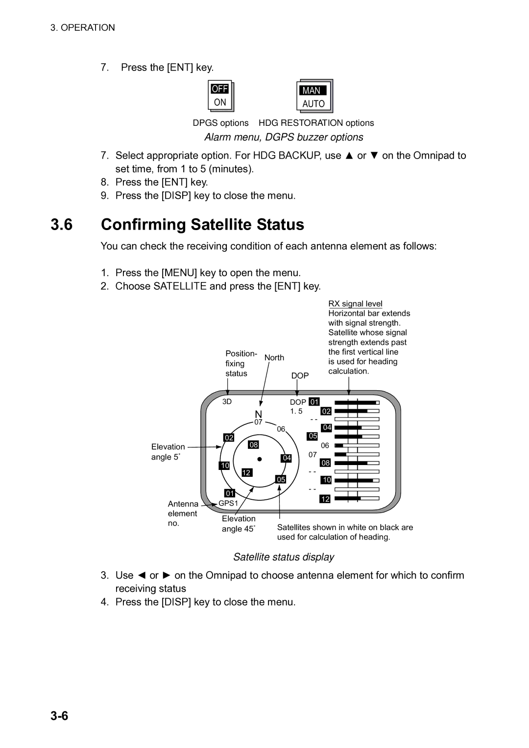 Furuno SC-120 manual Confirming Satellite Status, Alarm menu, Dgps buzzer options, Satellite status display 