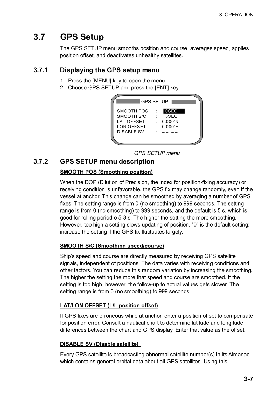 Furuno SC-120 manual Displaying the GPS setup menu, GPS Setup menu description 