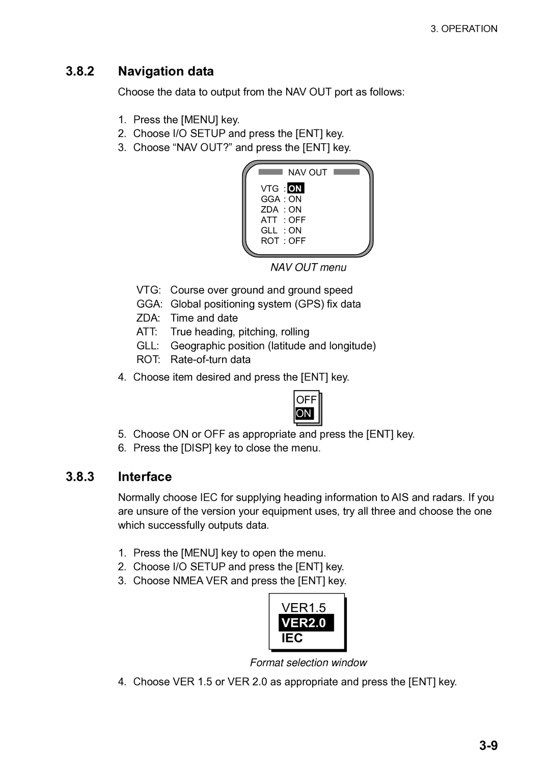 Furuno SC-120 manual Navigation data, Interface, NAV OUT menu, Format selection window 