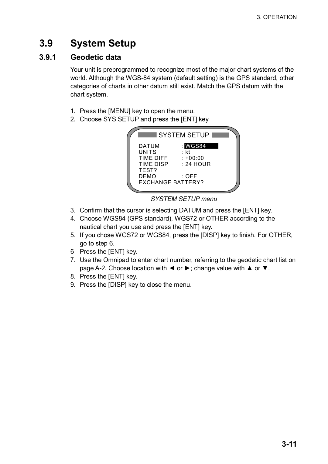 Furuno SC-120 manual Geodetic data, System Setup menu 