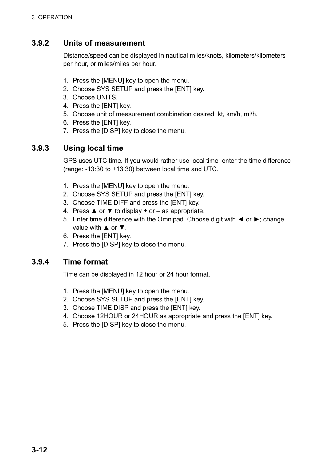 Furuno SC-120 manual Units of measurement, Using local time, Time format 