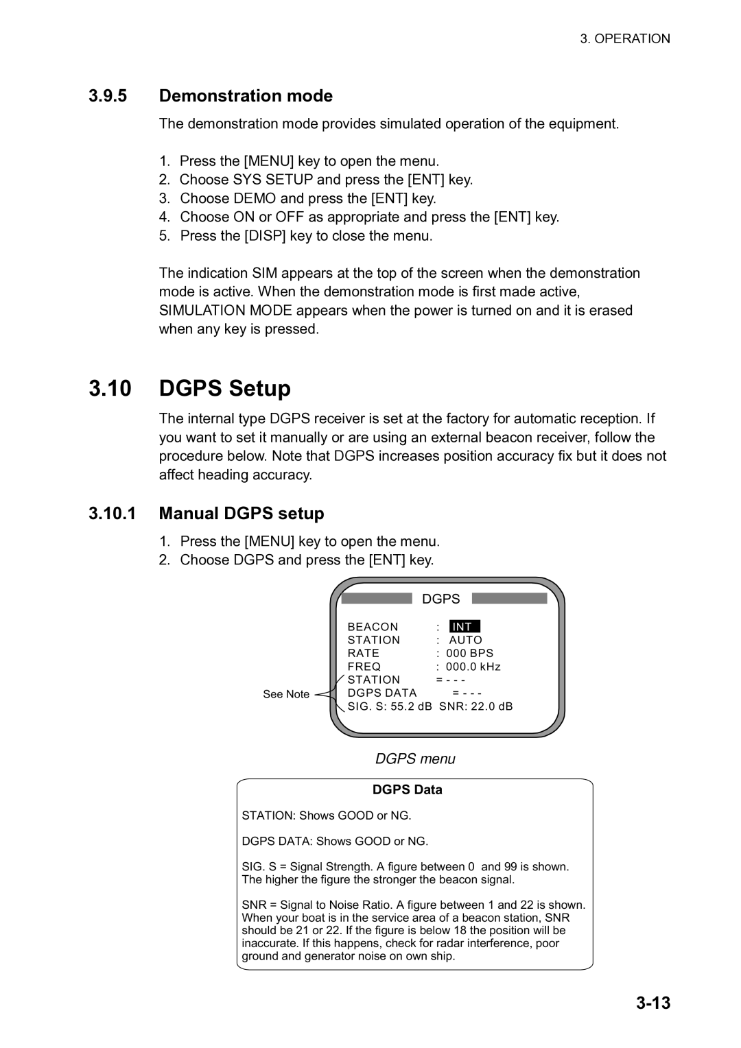 Furuno SC-120 manual Dgps Setup, Demonstration mode, Manual Dgps setup, Dgps menu 