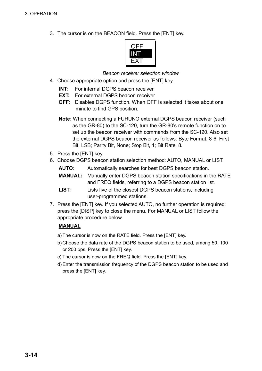 Furuno SC-120 manual Int, Beacon receiver selection window 