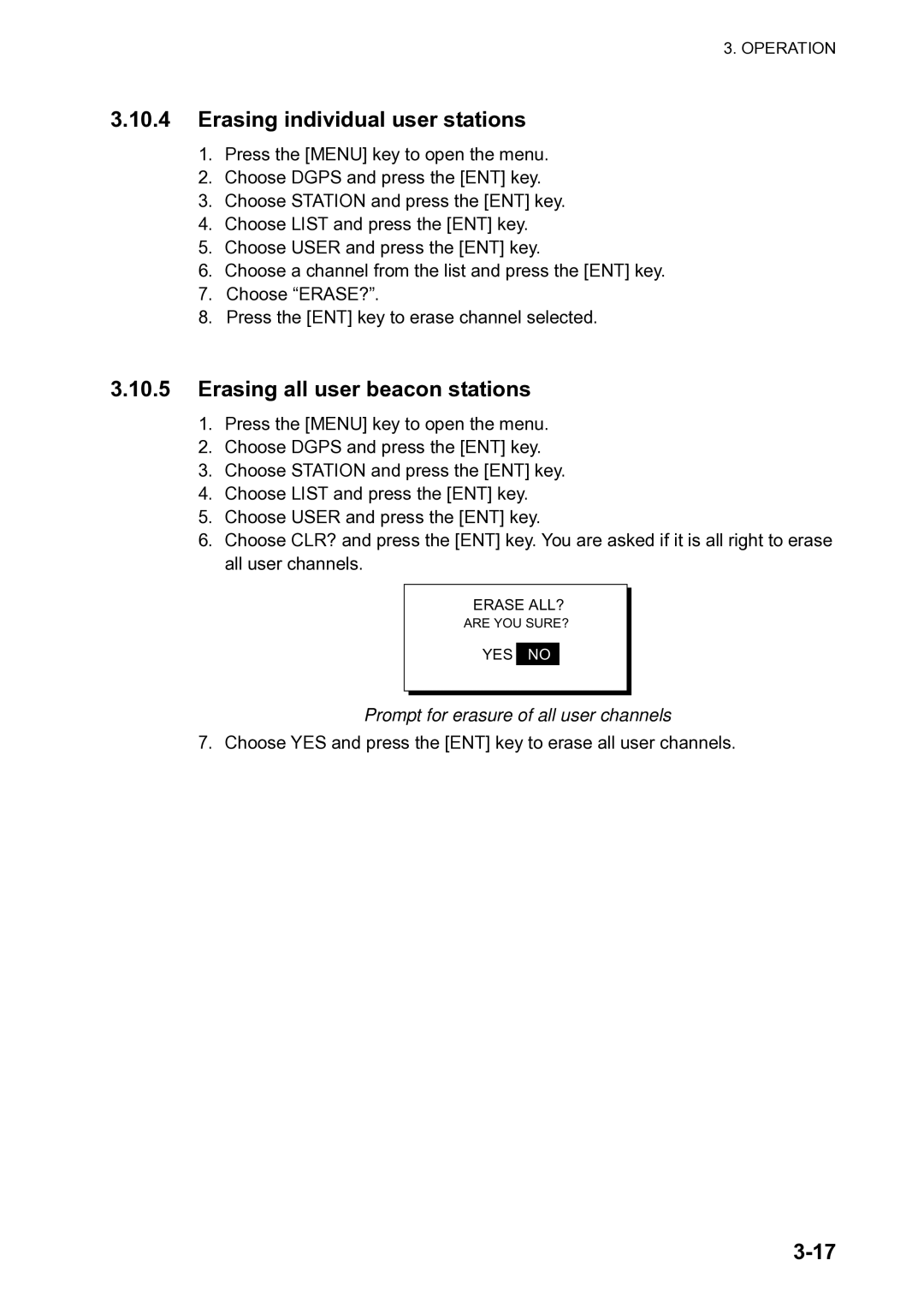 Furuno SC-120 Erasing individual user stations, Erasing all user beacon stations, Prompt for erasure of all user channels 