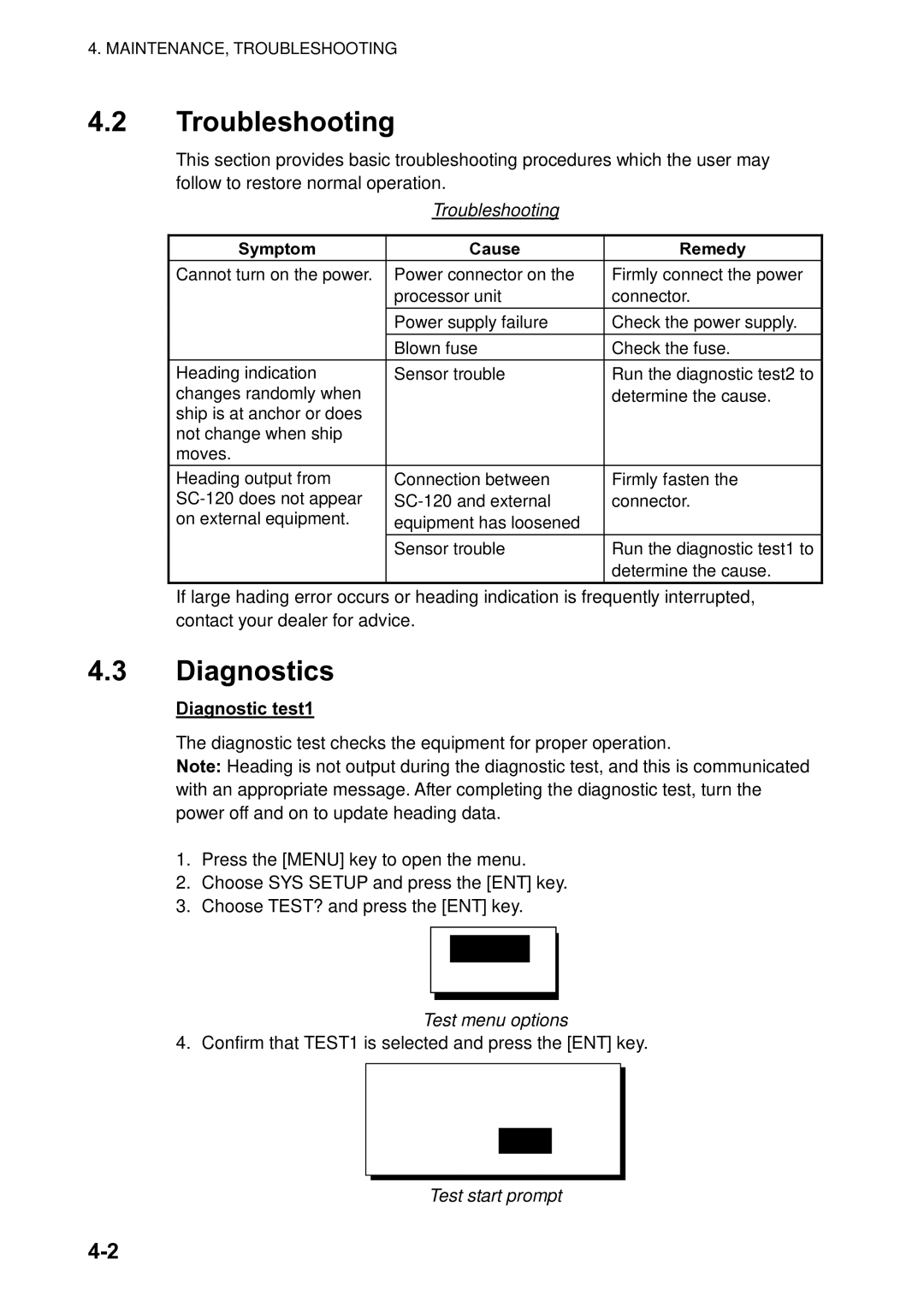 Furuno SC-120 manual Troubleshooting, Diagnostics, Symptom Cause Remedy, Diagnostic test1 