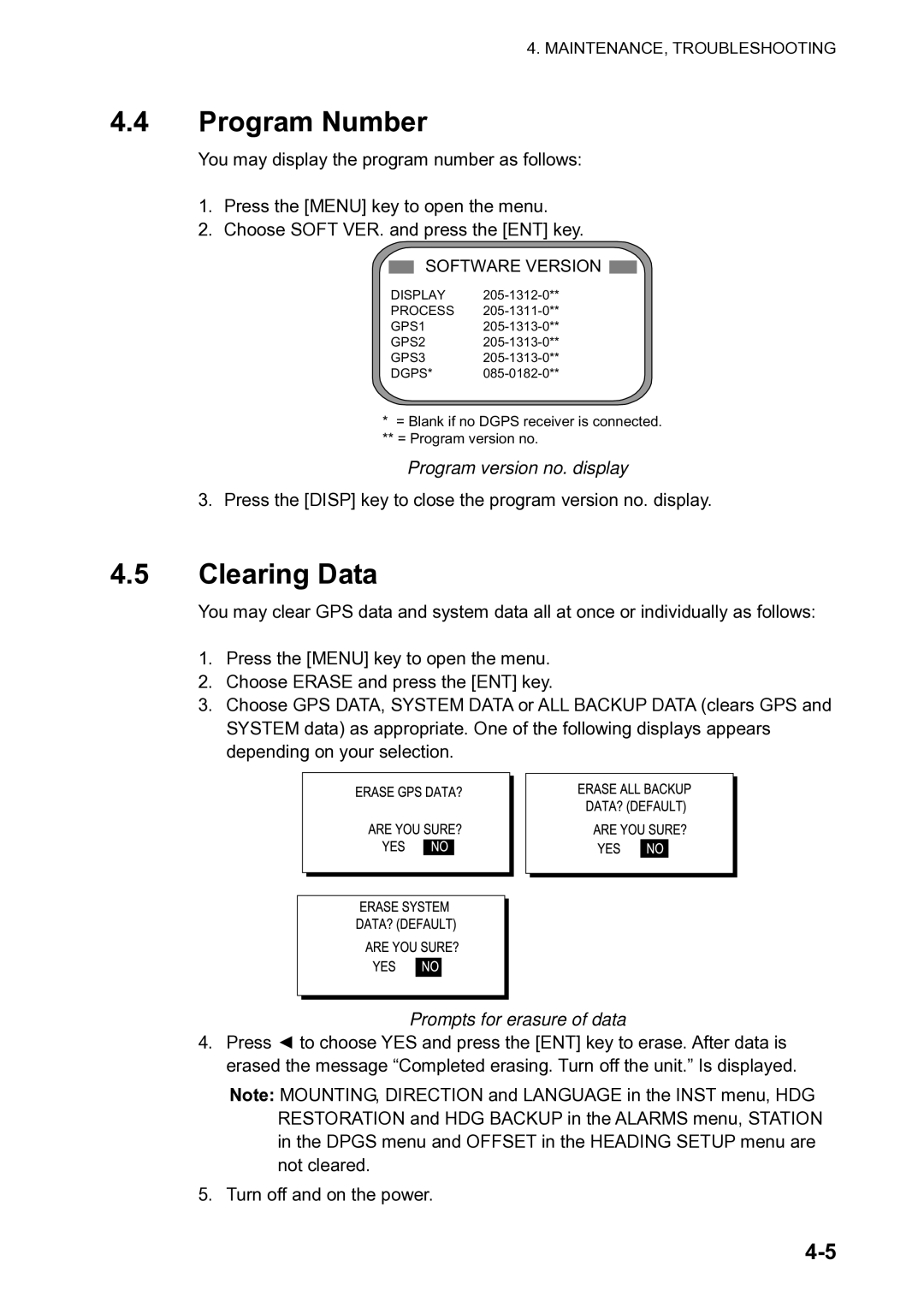 Furuno SC-120 manual Program Number, Clearing Data, Program version no. display, Prompts for erasure of data 