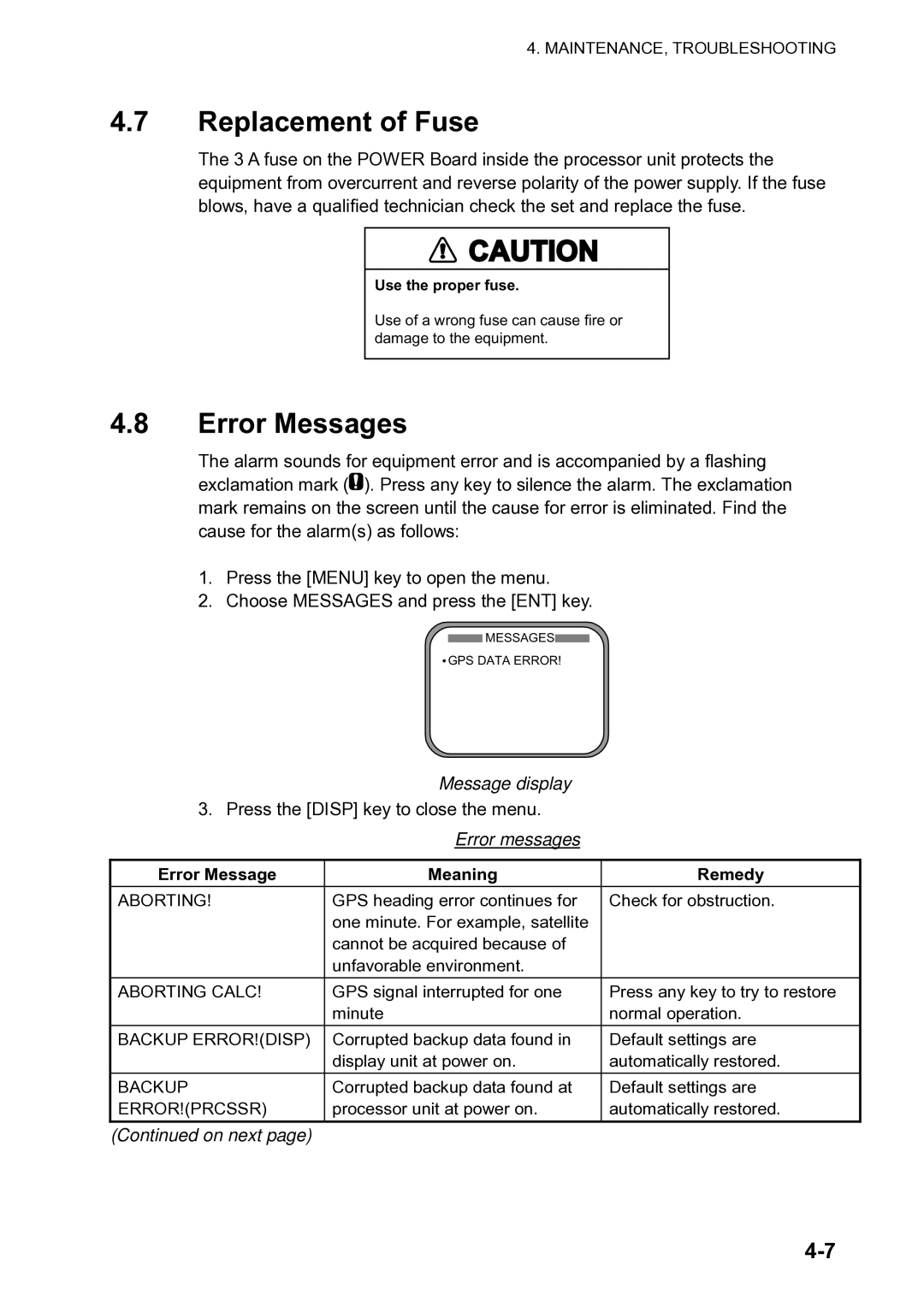 Furuno SC-120 manual Replacement of Fuse, Error Messages, Message display, Error Message Meaning Remedy, On next 