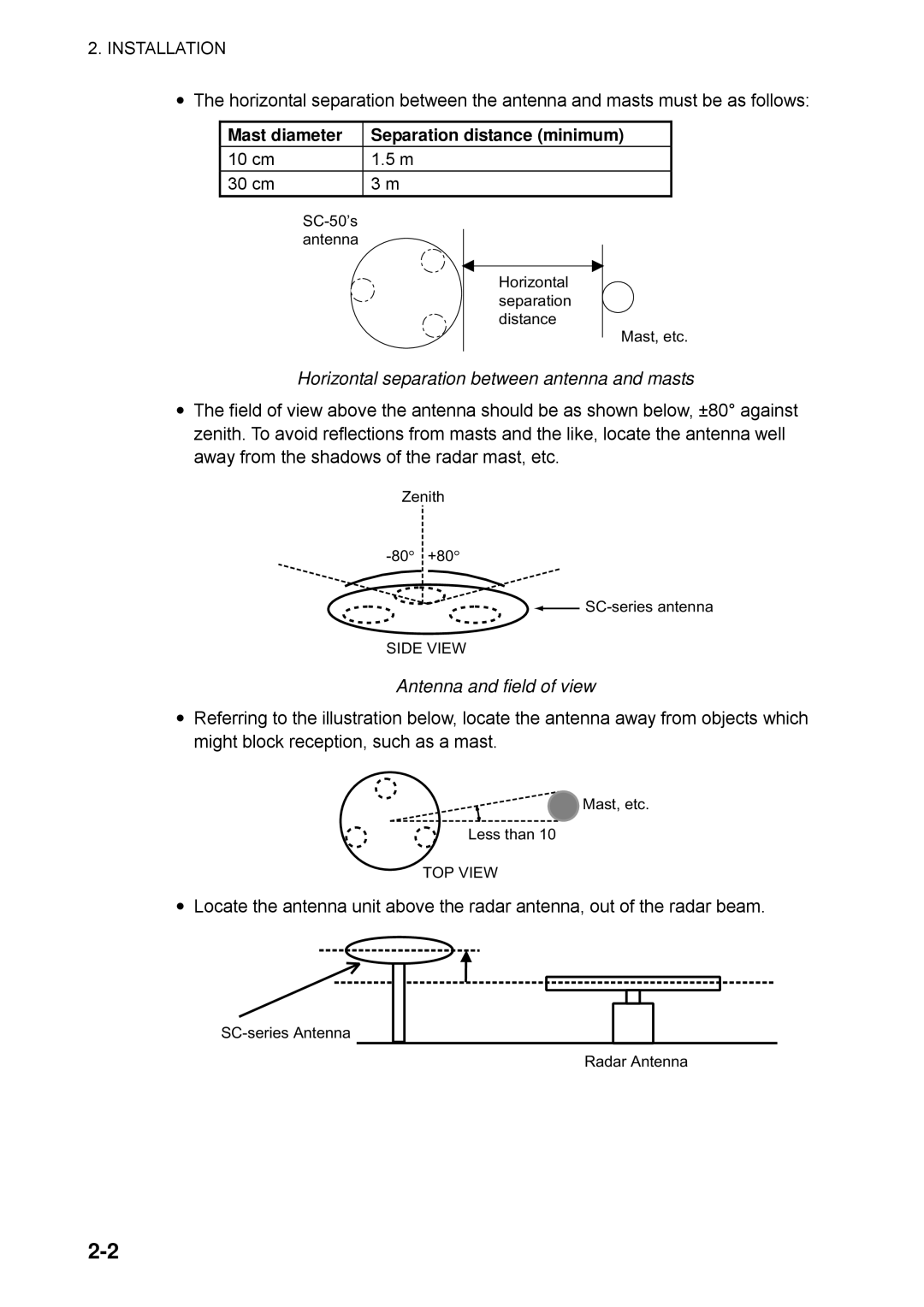 Furuno SC-50 manual Mast diameter Separation distance minimum, Horizontal separation between antenna and masts 