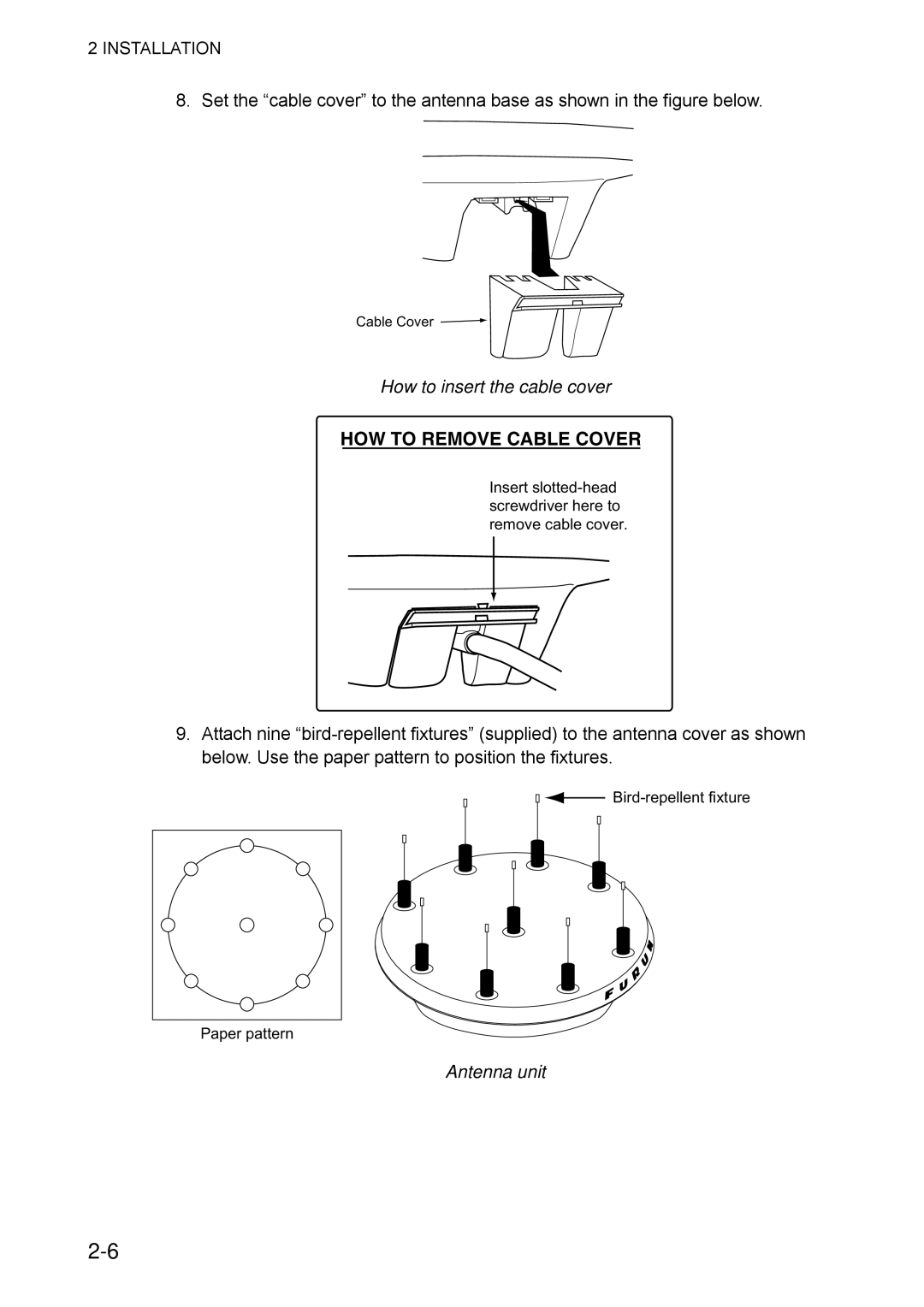 Furuno SC-50 manual How to insert the cable cover, Antenna unit 