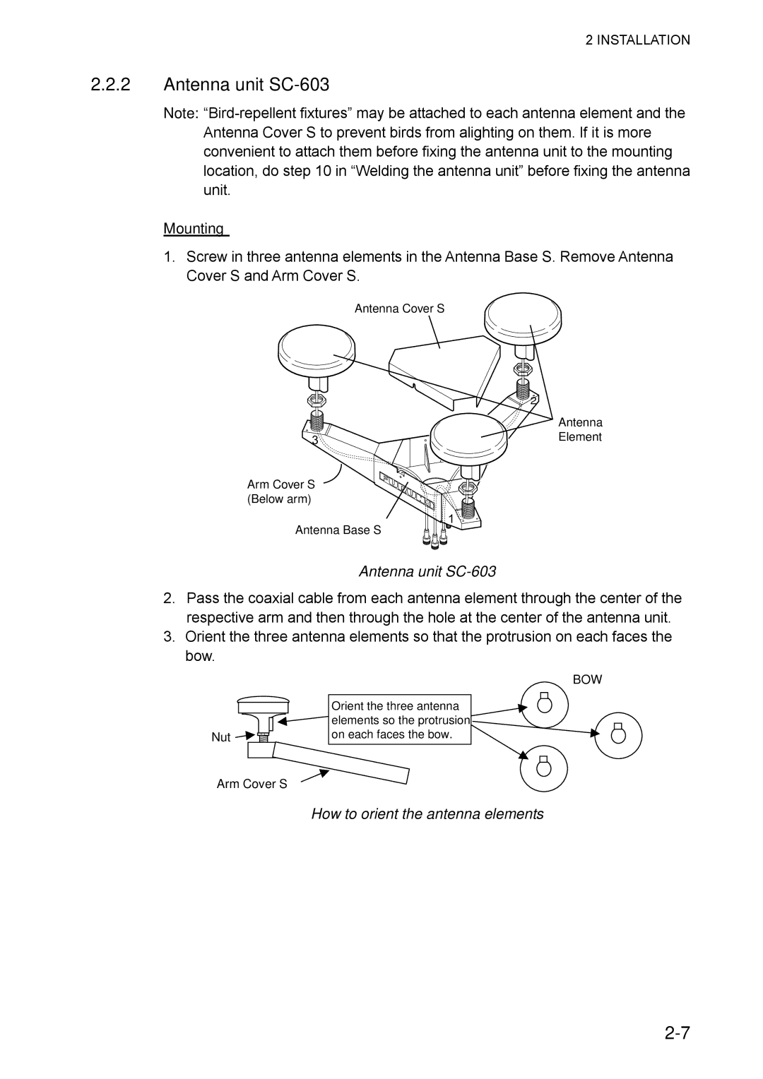 Furuno SC-50 manual Antenna unit SC-603, Mounting, How to orient the antenna elements 