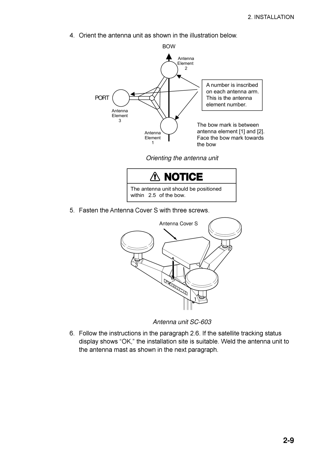 Furuno SC-50 manual Orient the antenna unit as shown in the illustration below, Orienting the antenna unit 