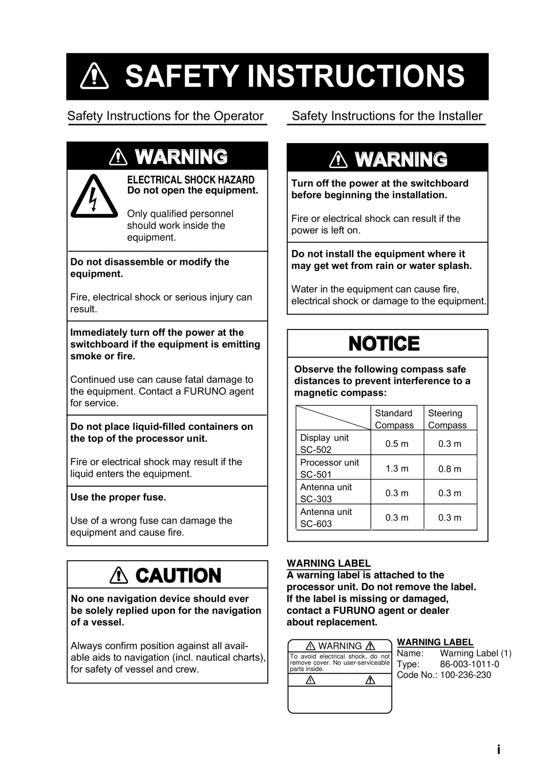 Furuno SC-50 manual Safety Instructions 