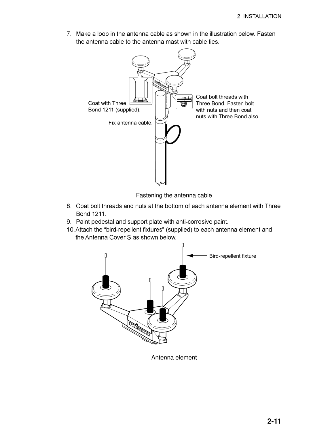 Furuno SC-50 manual Fastening the antenna cable, Antenna element 