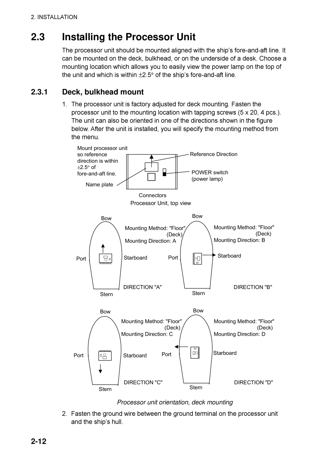 Furuno SC-50 manual Installing the Processor Unit, Deck, bulkhead mount, Processor unit orientation, deck mounting 
