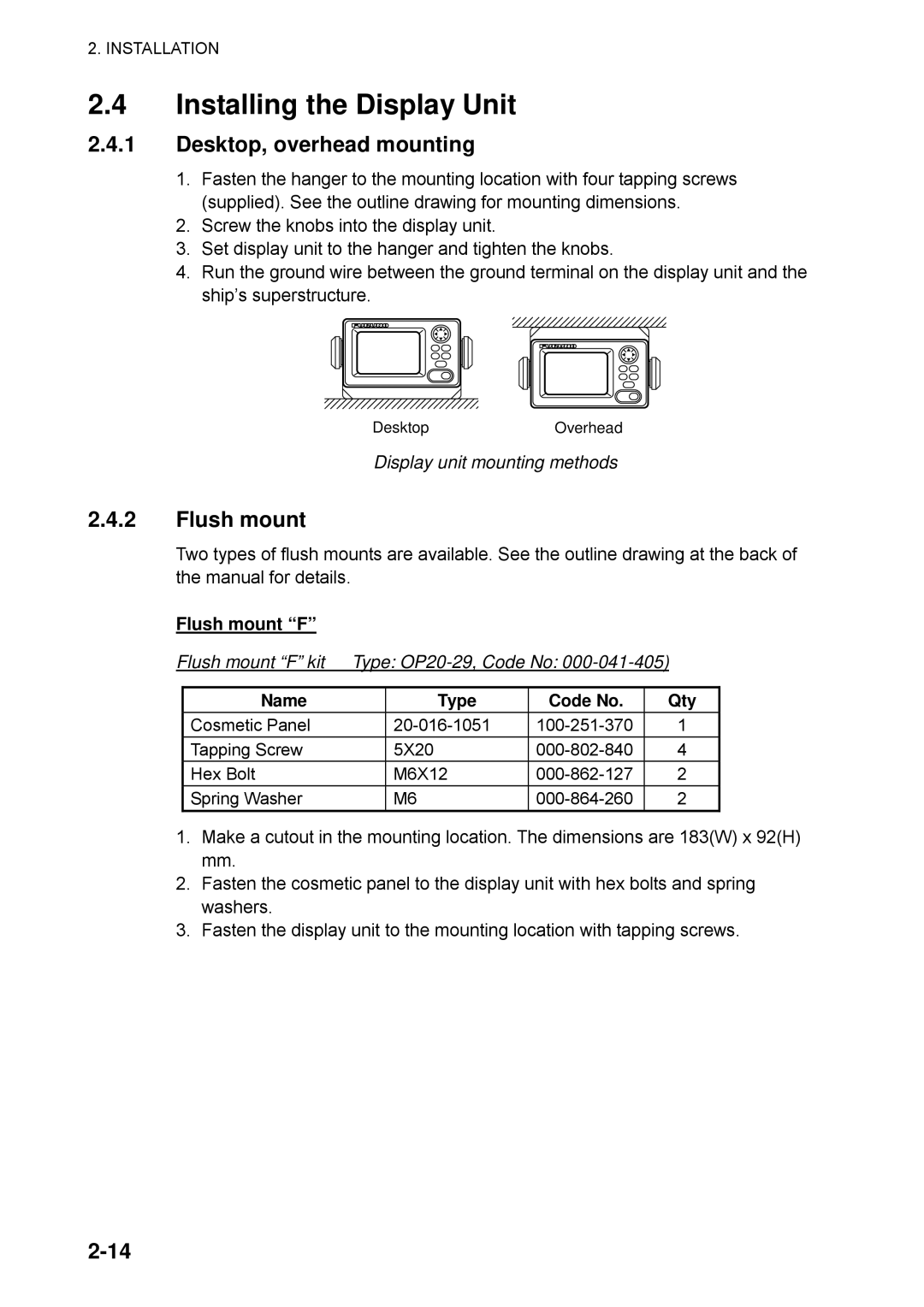 Furuno SC-50 manual Installing the Display Unit, Desktop, overhead mounting, Flush mount F, Name Type 