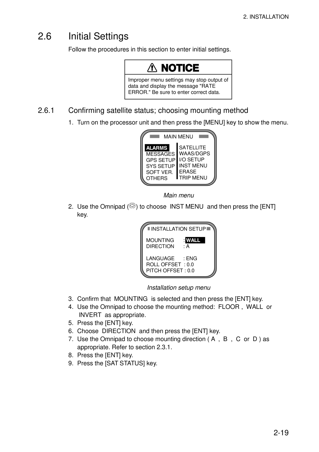 Furuno SC-50 Initial Settings, Confirming satellite status choosing mounting method, Main menu, Installation setup menu 