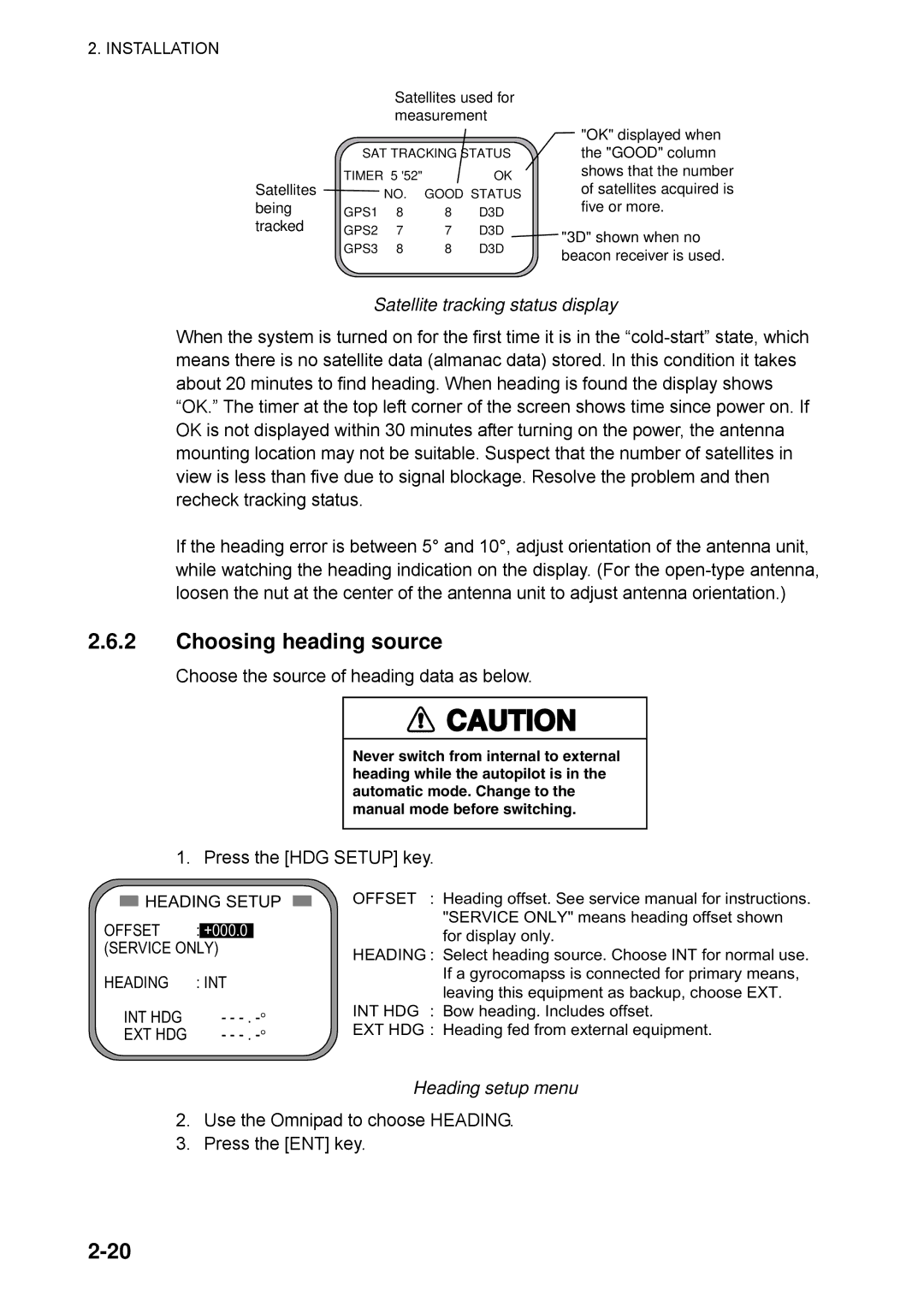 Furuno SC-50 manual Choosing heading source, Satellite tracking status display, Heading setup menu 