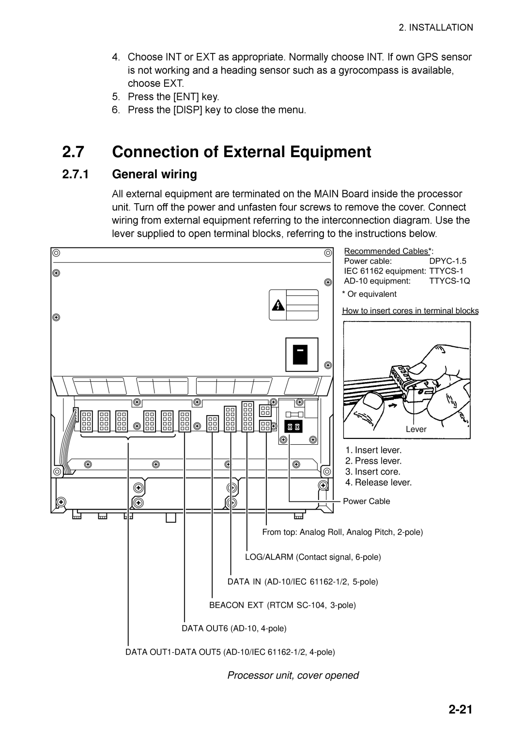 Furuno SC-50 manual Connection of External Equipment, General wiring, Processor unit, cover opened 