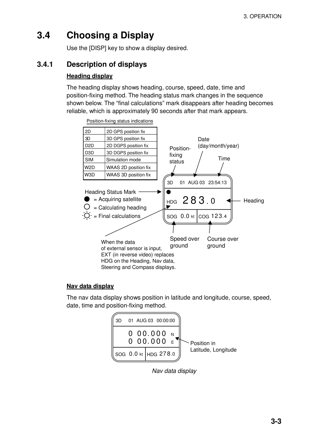 Furuno SC-50 manual Choosing a Display, Description of displays, Heading display, Nav data display 