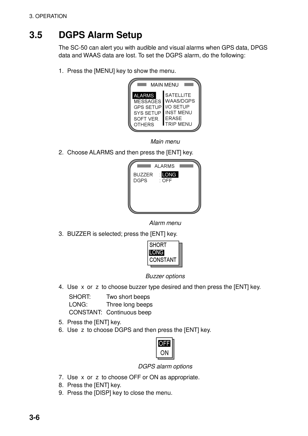 Furuno SC-50 manual Dgps Alarm Setup, Alarm menu, Buzzer options, Dgps alarm options 
