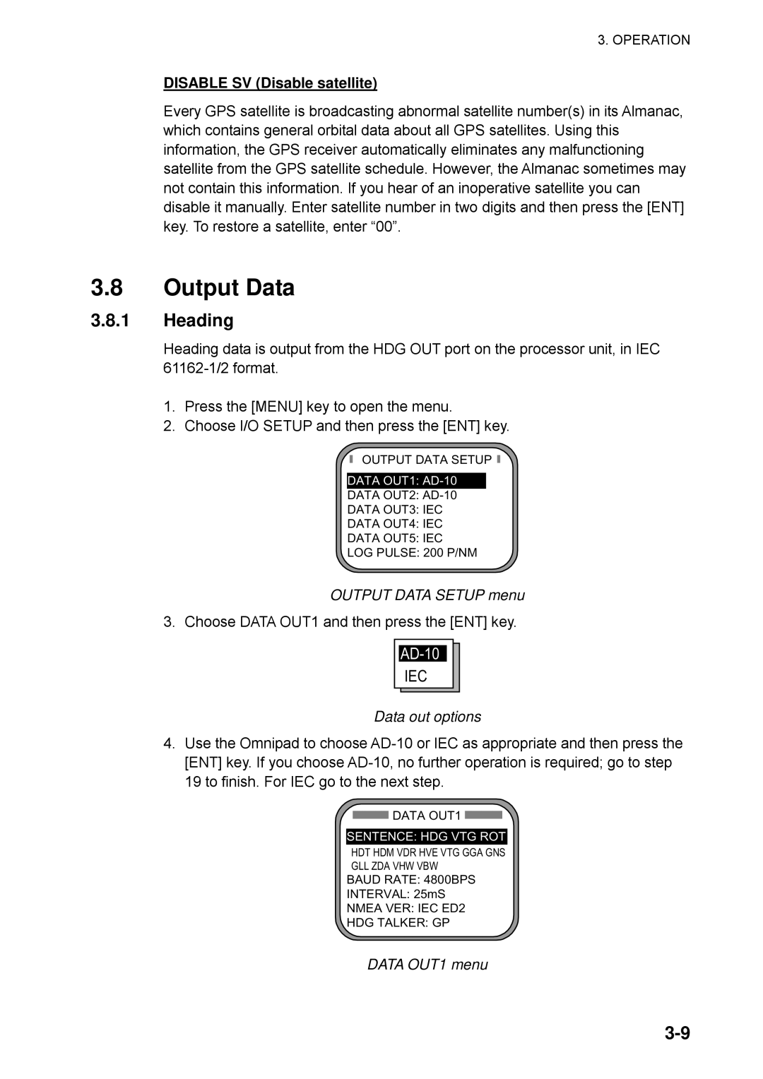 Furuno SC-50 manual Output Data, Heading, Disable SV Disable satellite 