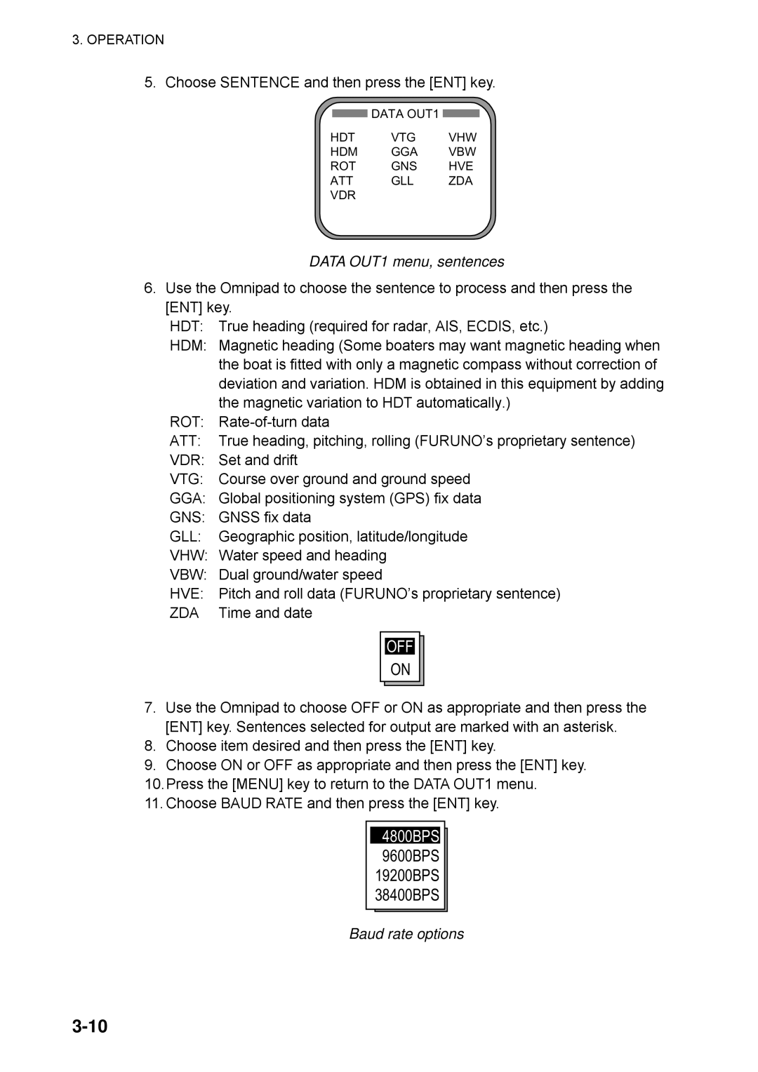 Furuno SC-50 manual Data OUT1 menu, sentences, Baud rate options 