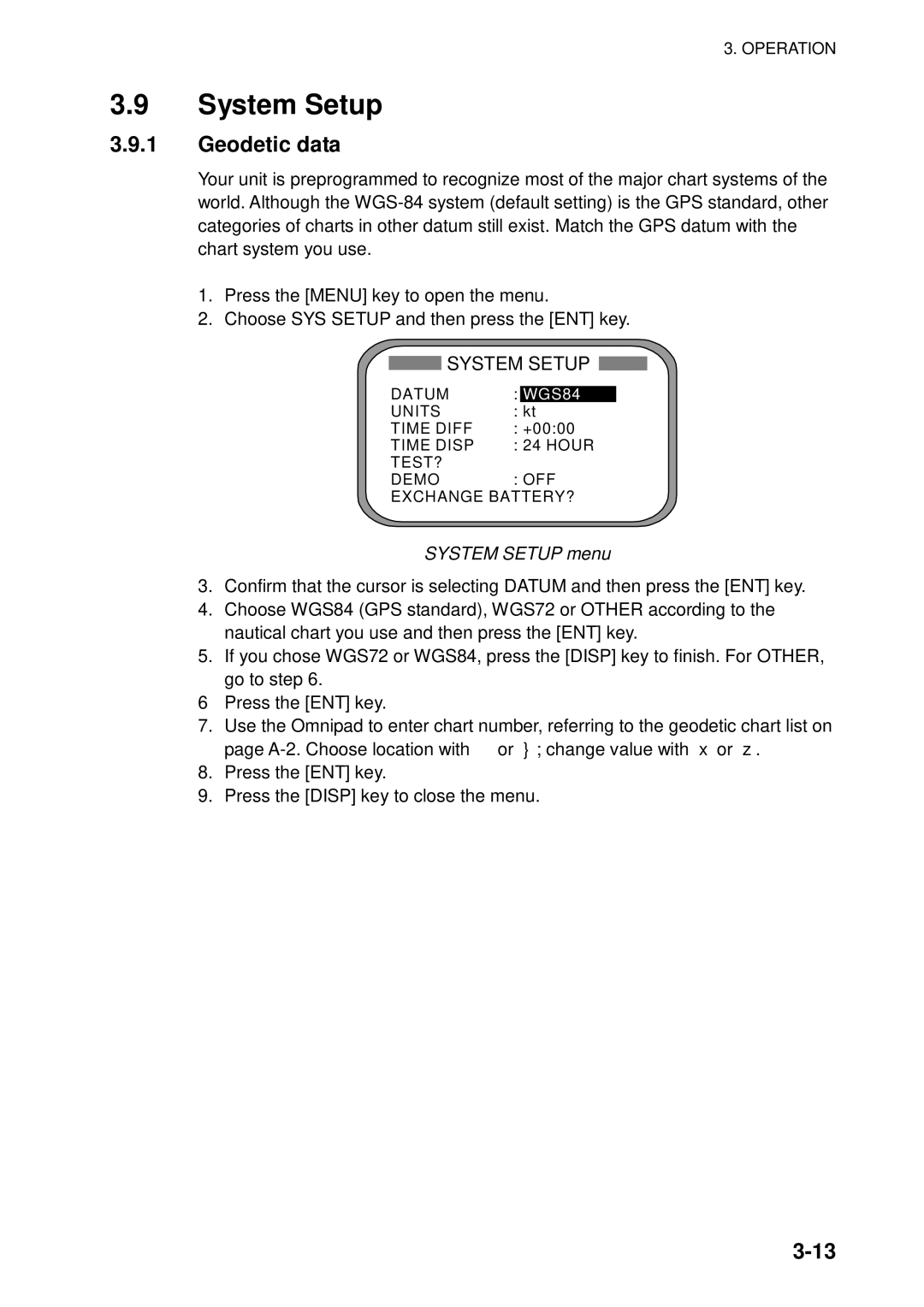 Furuno SC-50 manual Geodetic data, System Setup menu 