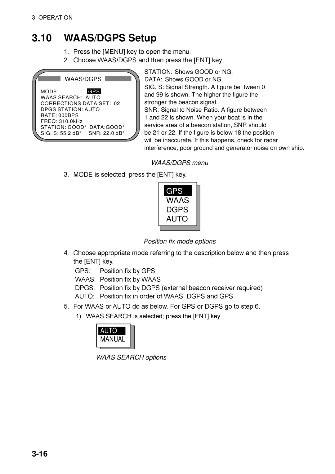 Furuno SC-50 manual WAAS/DGPS Setup, WAAS/DGPS menu, Position fix mode options, Waas Search options 