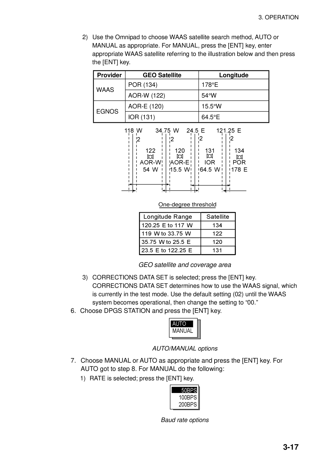 Furuno SC-50 manual Provider GEO Satellite Longitude, GEO satellite and coverage area, AUTO/MANUAL options 