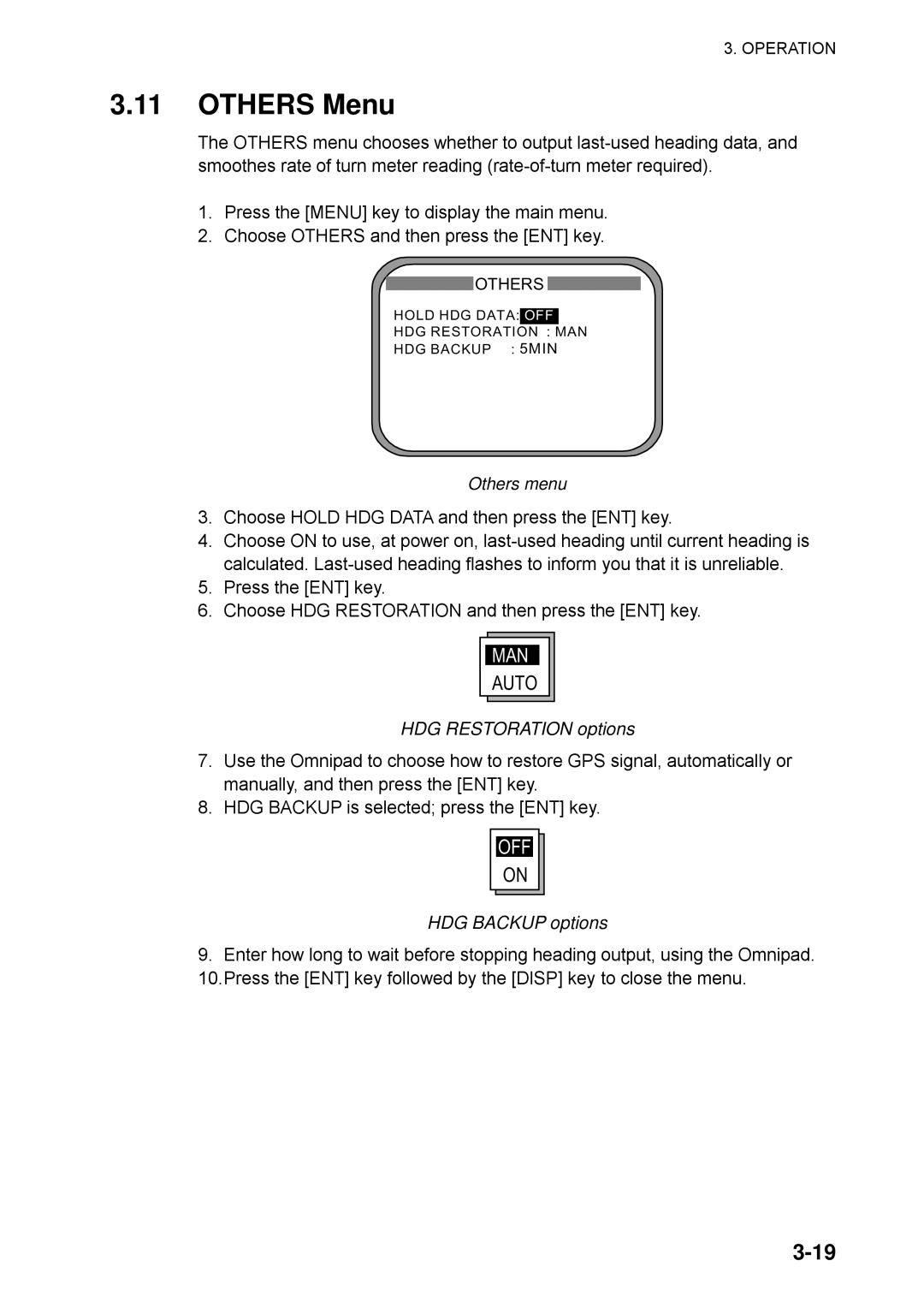 Furuno SC-50 manual Others Menu, Others menu, HDG Restoration options, HDG Backup options 