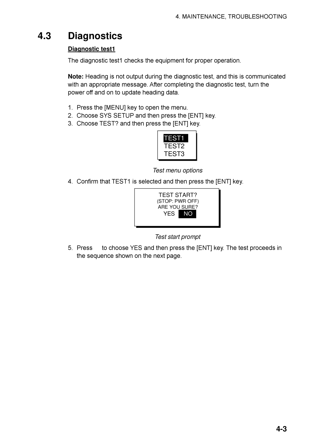 Furuno SC-50 manual Diagnostics, Diagnostic test1, Test menu options, Test start prompt 