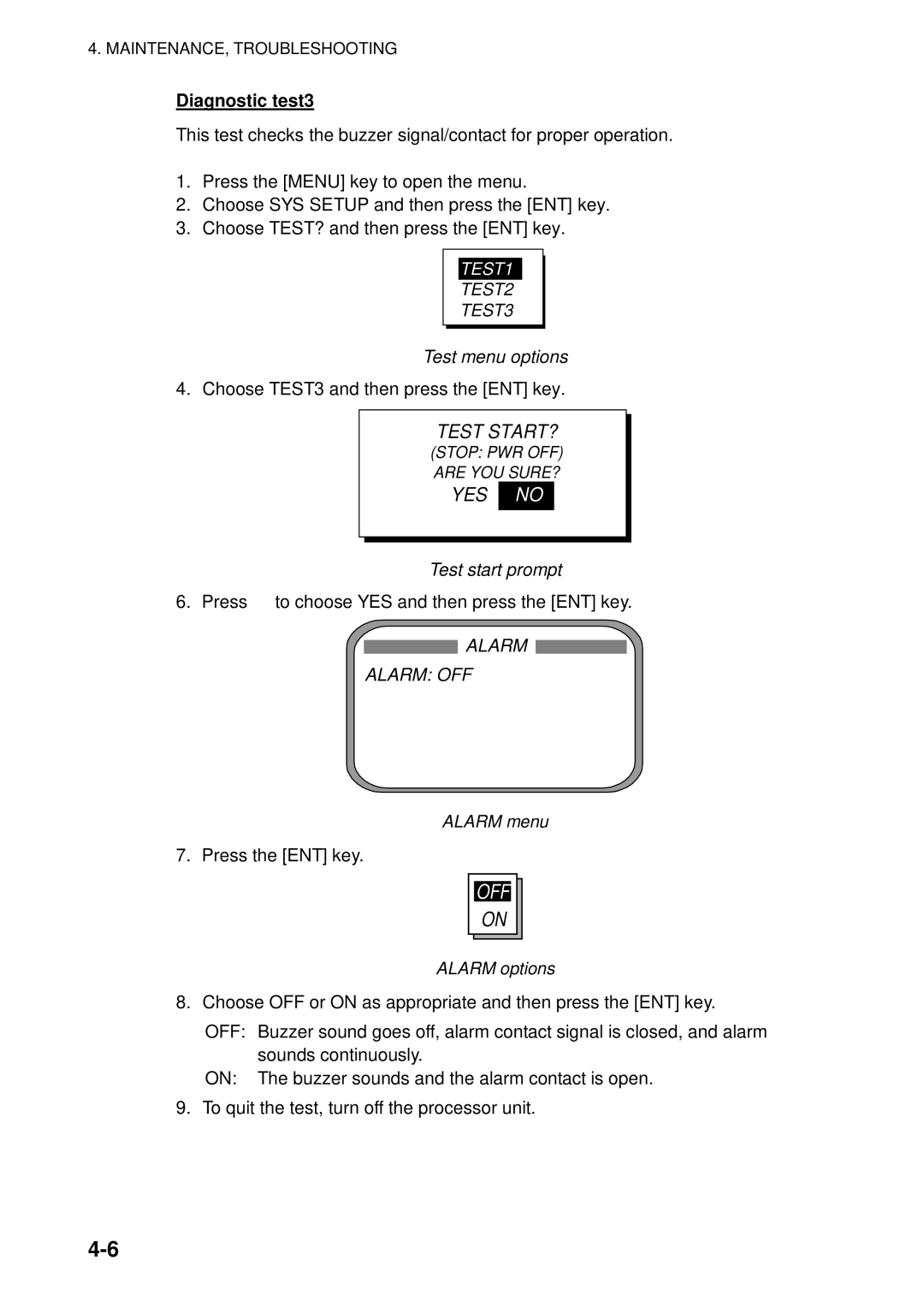 Furuno SC-50 manual Diagnostic test3, Alarm options 